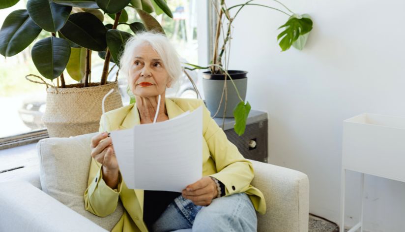 Older woman in a yellow blazer sits on a couch holding papers, looking to the side near indoor plants.