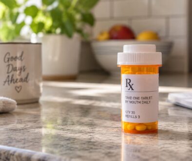 Prescription pill bottle on a home kitchen counter representing Medicare prescription drug coverage.